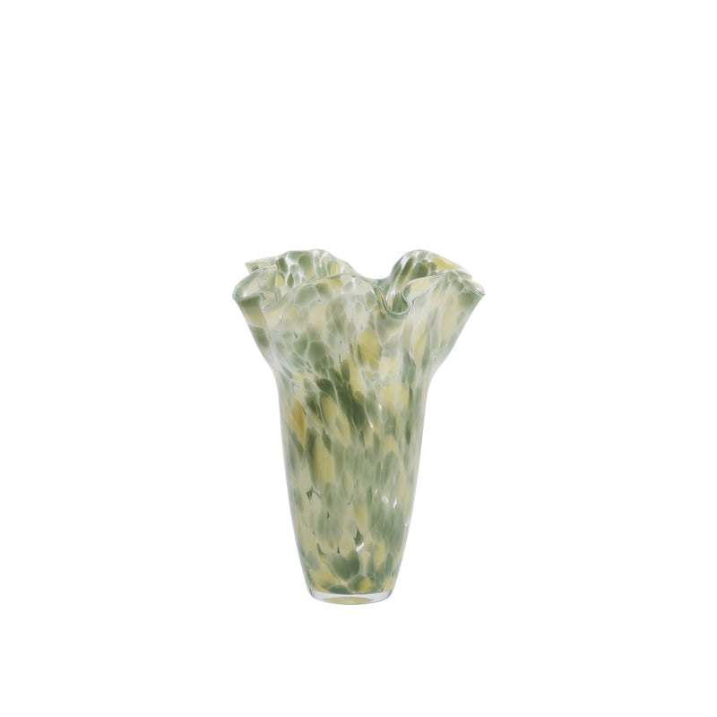 sage decorative glass vase with ruffled rim and soft honey tones