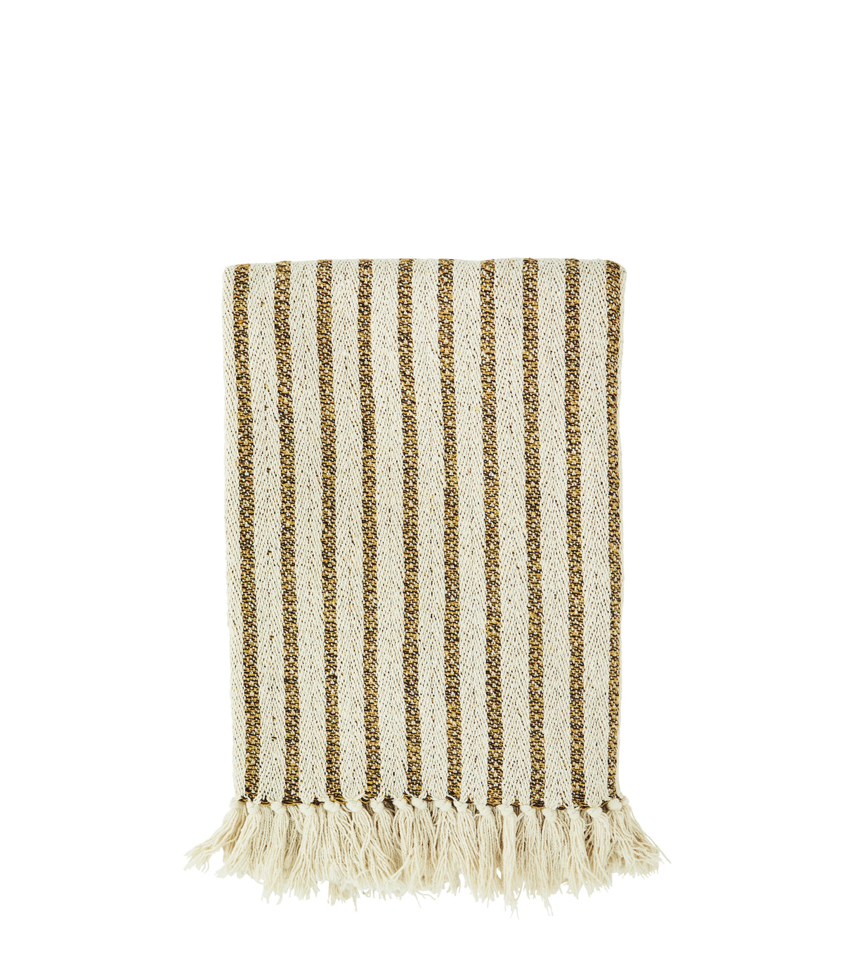 recycled cotton throw with off white and mustard stripes, folded with fringe
