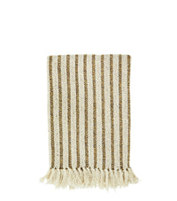 recycled cotton throw with off white and mustard stripes, folded with fringe
