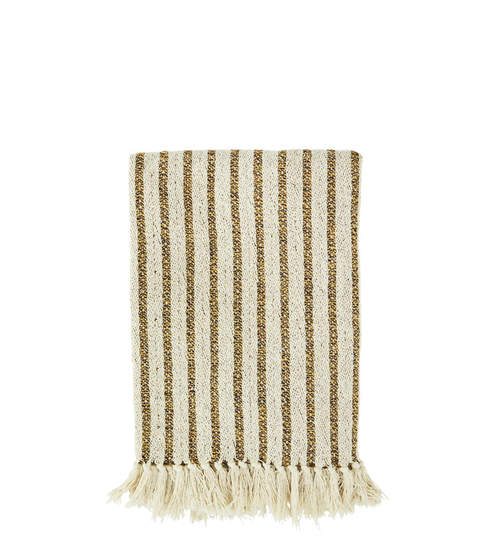 recycled cotton throw with off white and mustard stripes, folded with fringe
