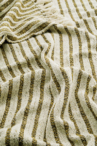 close-up of recycled cotton throw showing striped weave and colourful flecks
