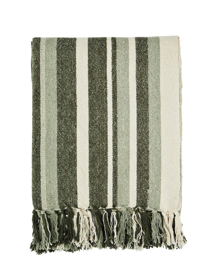 green and cream recycled cotton striped throw with tassels folded
