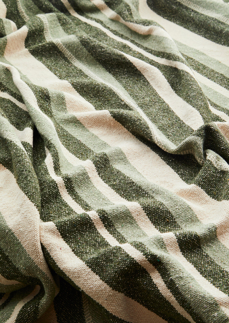 striped recycled cotton throw in green and cream woven texture close up
