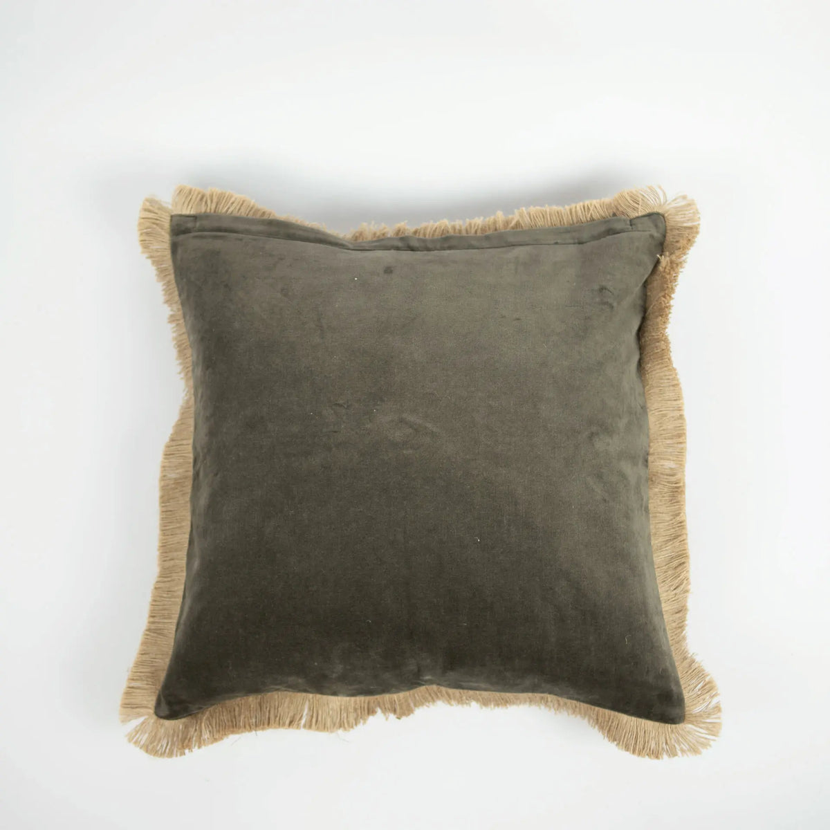 Julie cushion by Olsson & Jensen showing the olive green side with jute fringe