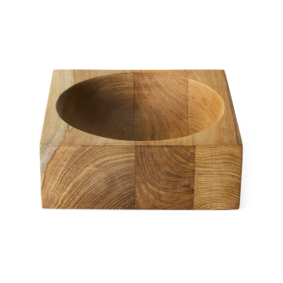 HKLIVING medium teak cube bowl on white background, angled top-down view