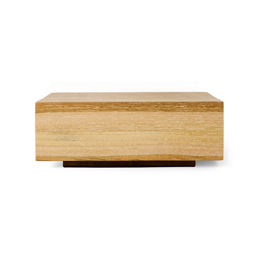 Front view of the medium HKLIVING teak cube on a plain white background, showing its solid block form and natural wood grain