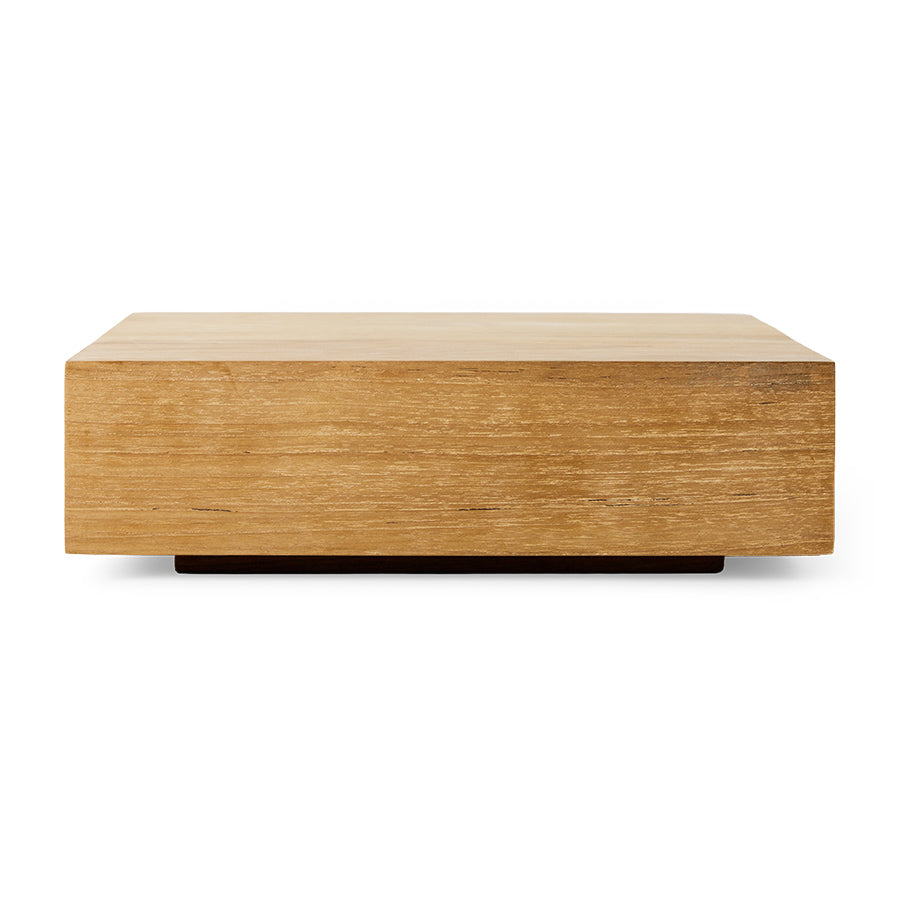 Front view of the large HKLIVING teak cube on a plain white background, showing its solid block form and natural wood grain