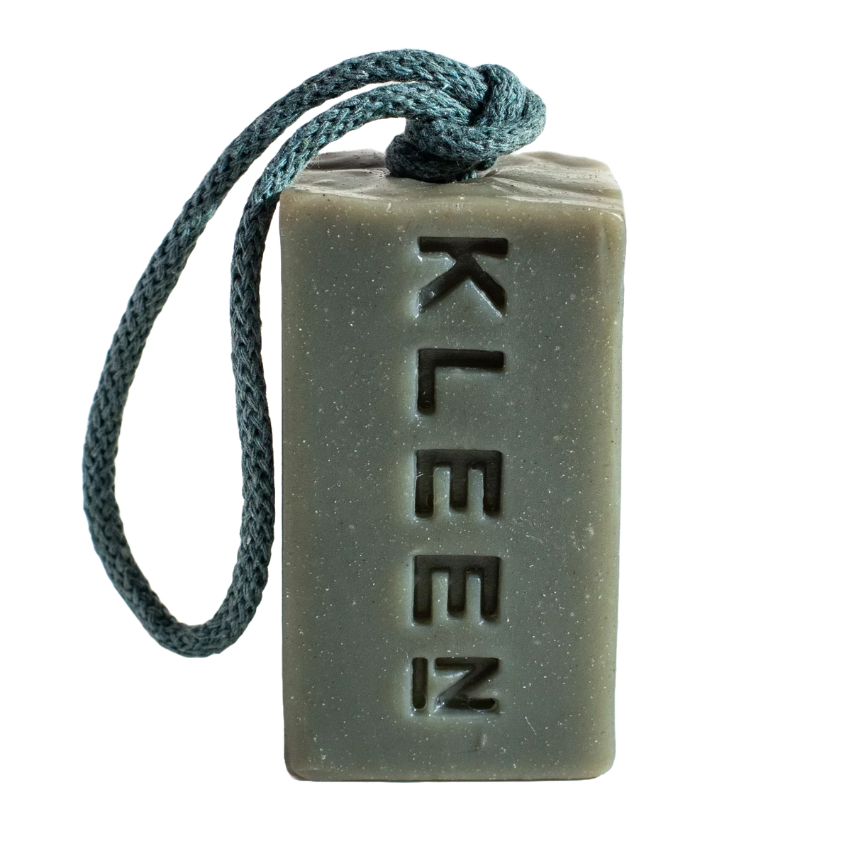 Grey-green Back to Life exfoliating soap by KLEEN embossed with the KLEEN logo, hanging from its rope