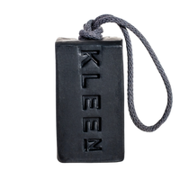 KLEEN Blue Velvet soap bar embossed with the KLEEN logo, hanging from its cotton rope
