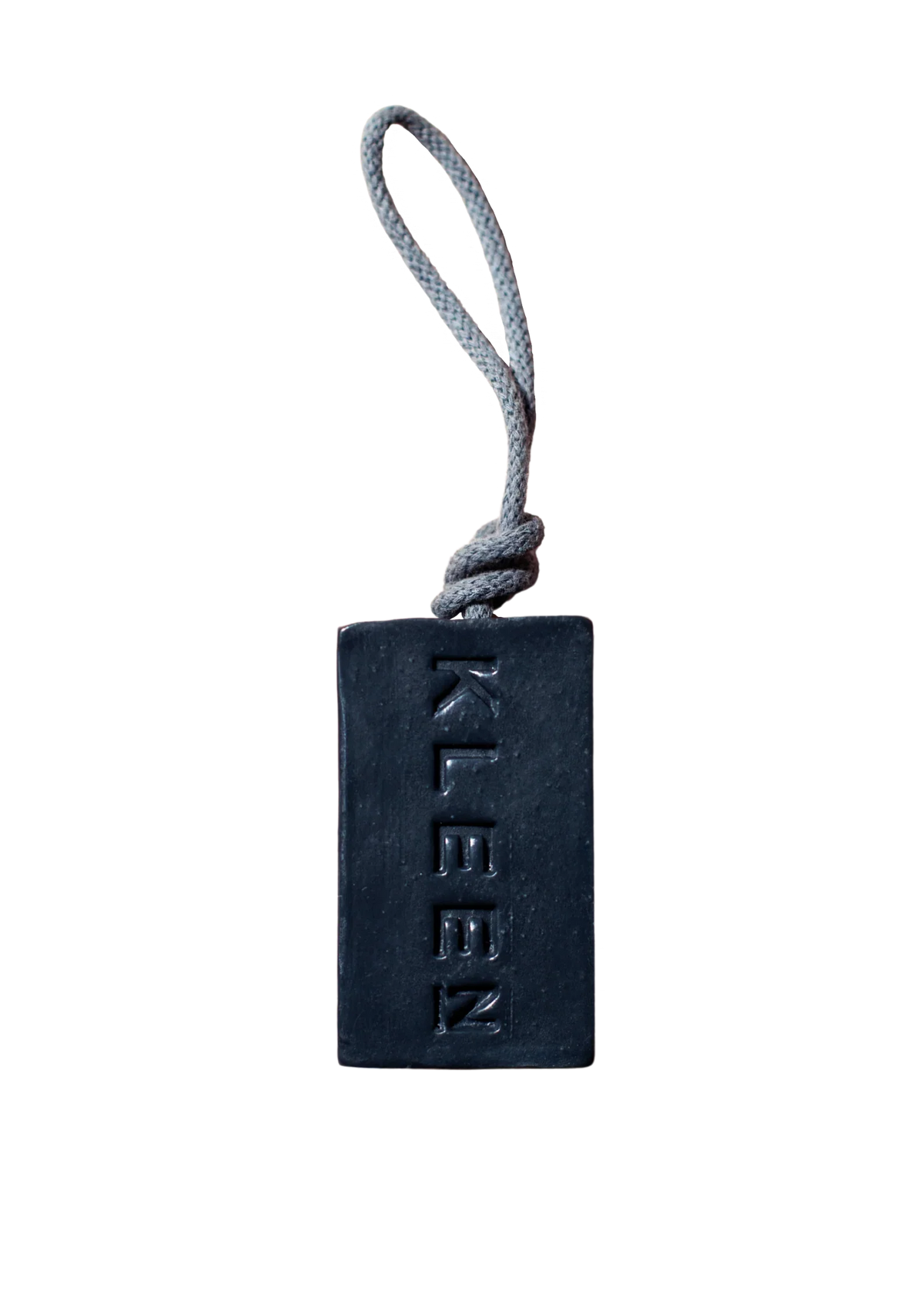 Blue Velvet charcoal vegan soap on a rope by KLEEN with recycled cotton rope, product cut-out