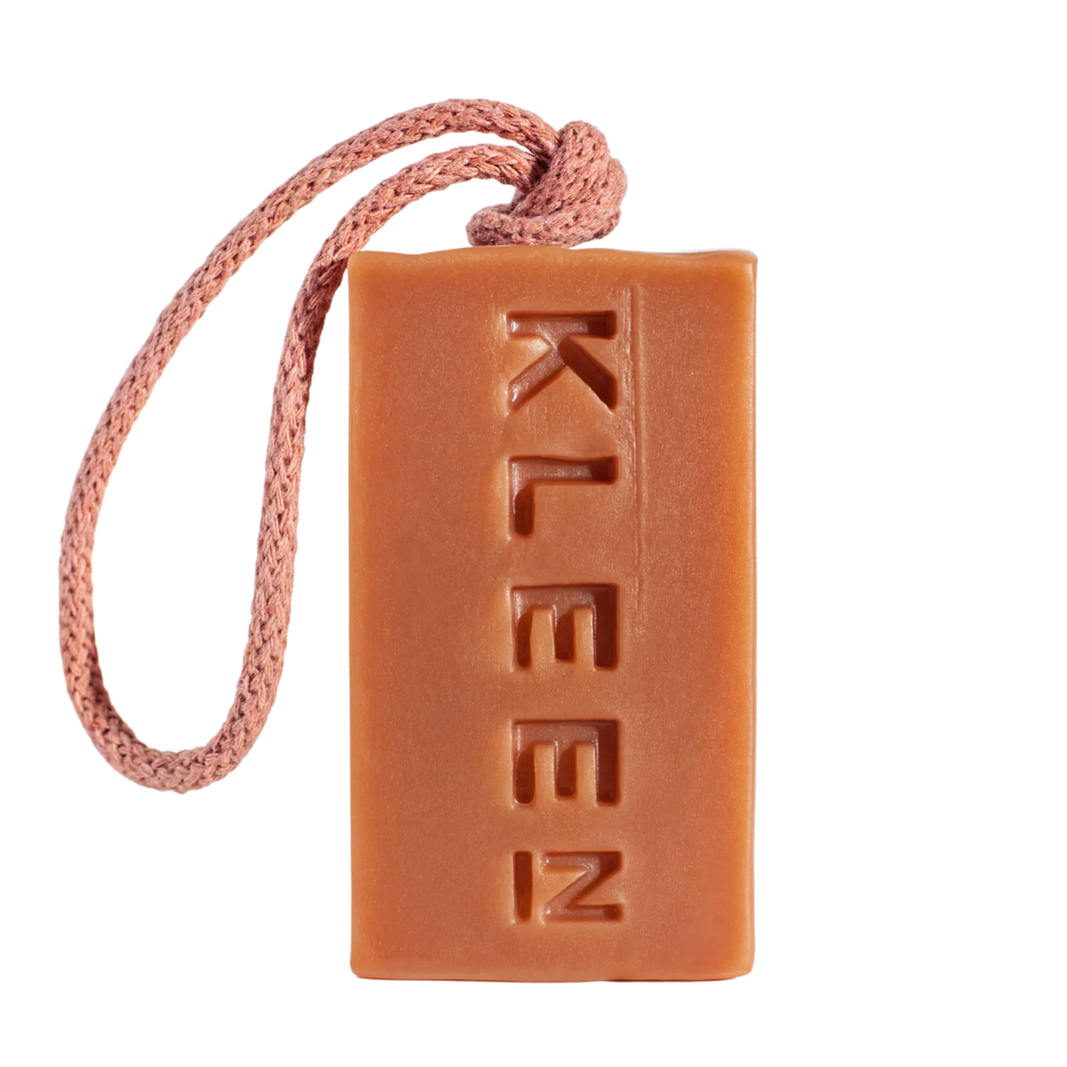 KLEEN Good Vibrations pink clay soap bar hanging from its cotton rope