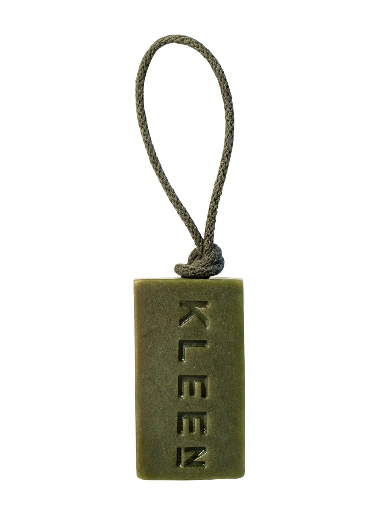 Olive green Morning Glory vegan soap on a rope by KLEEN with recycled cotton rope, product cut-out