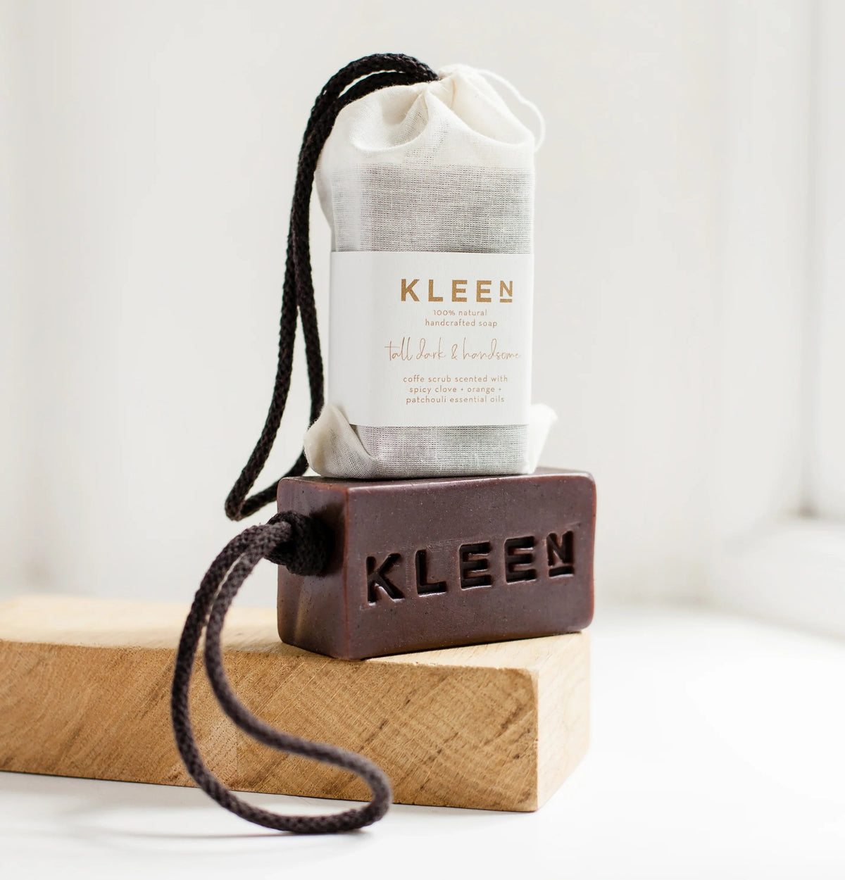 KLEEN Tall Dark and Handsome coffee soap on a rope, product detail