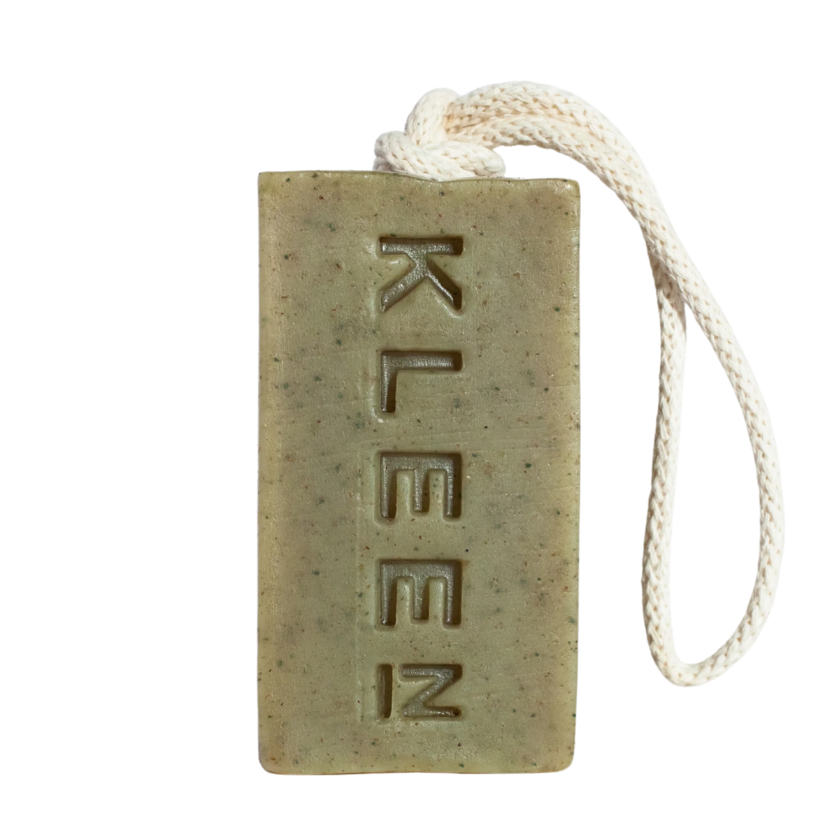 KLEEN Woodstock soap bar embossed with the KLEEN logo, hanging from its cotton rope
