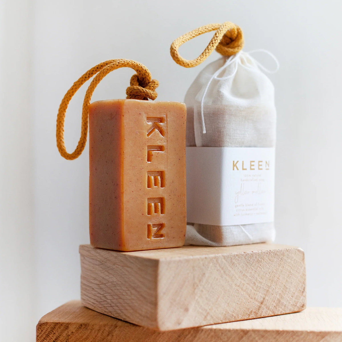 KLEEN Yellow Mellow handmade turmeric soap on a rope, alternative view