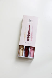 &klevering candle alpha reds set presented in a gift box of three spiral tapers
