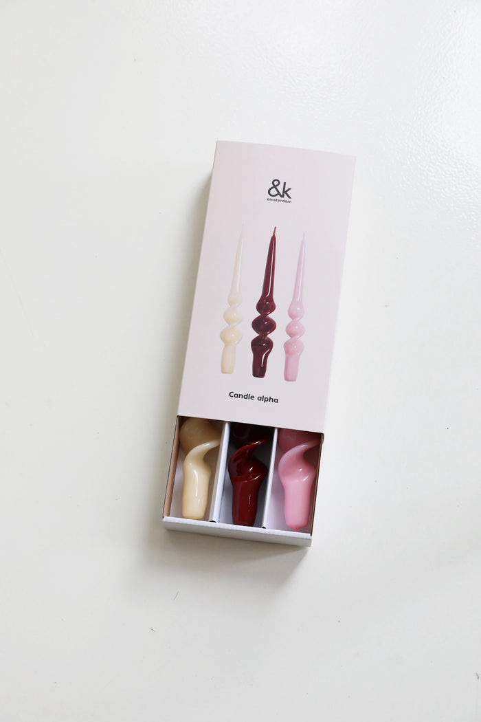 &klevering candle alpha reds set presented in a gift box of three spiral tapers
