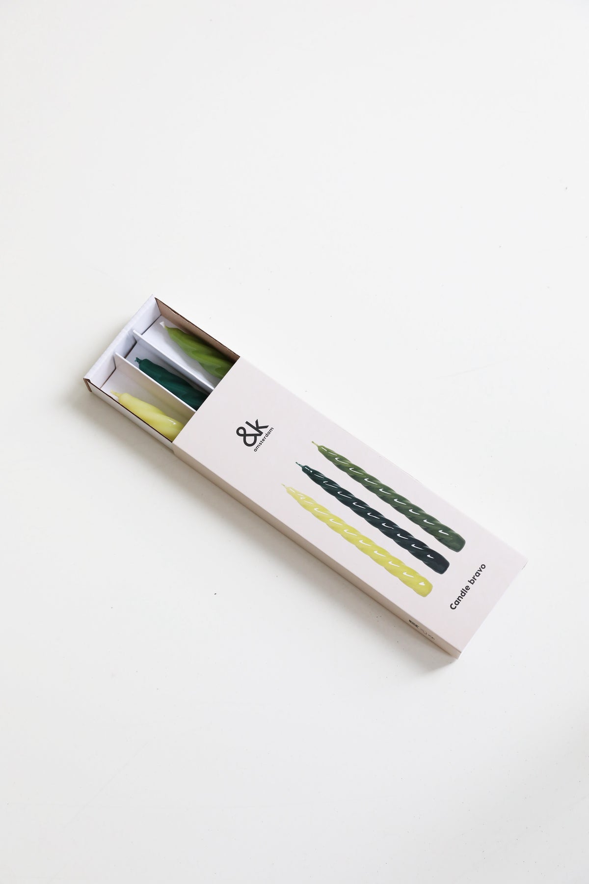 &k candle bravo greens gift box with three spiral dinner candles
