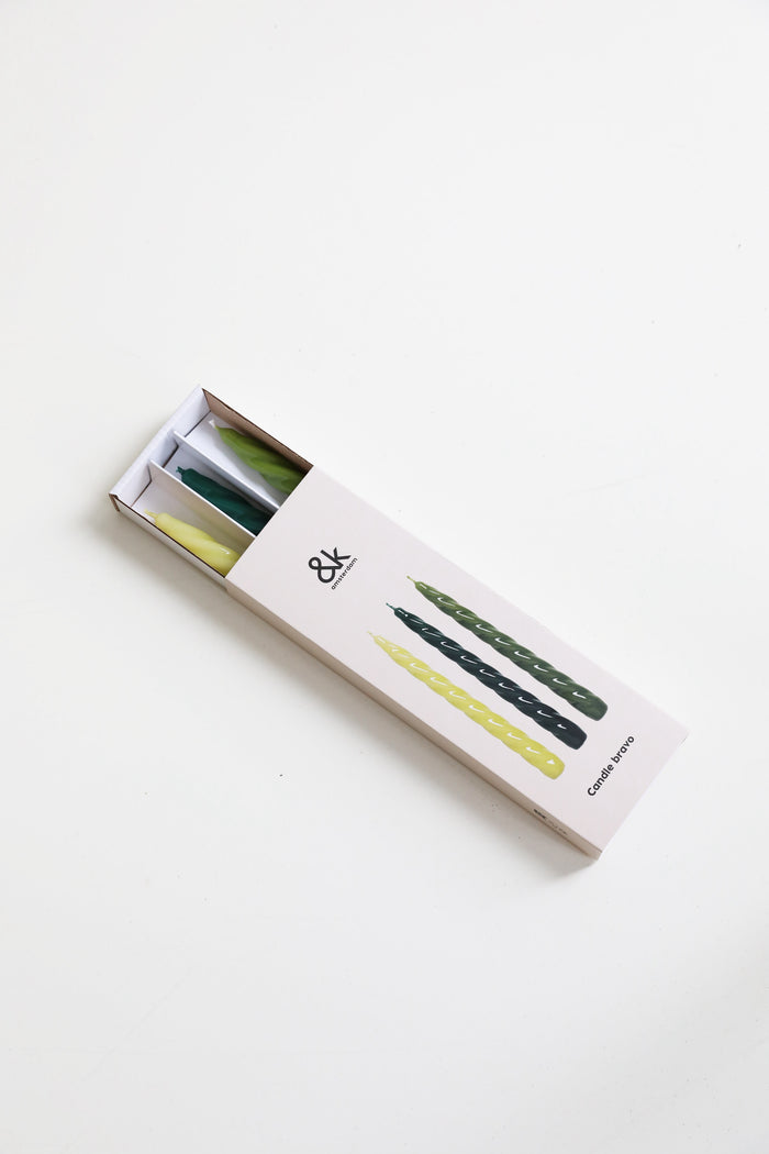 &k candle bravo greens gift box with three spiral dinner candles
