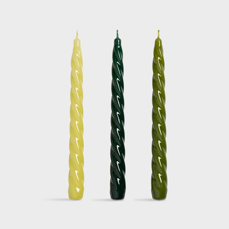 set of three &klevering candle bravo spiral tapers in pistachio forest and olive
