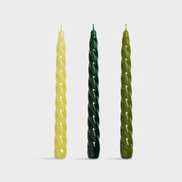 set of three &klevering candle bravo spiral tapers in pistachio forest and olive
