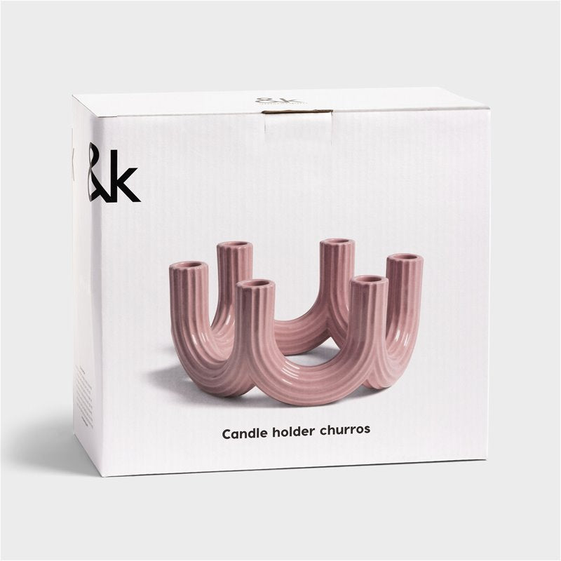 &k churros pink candle holder packaging showing sculptural multi-arm design
