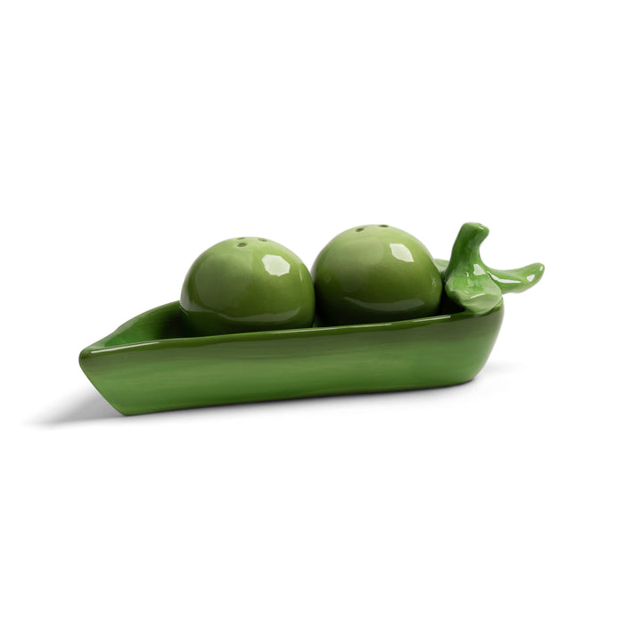 pea pod salt & pepper shakers by &klevering in glossy green ceramic, cut-out on white
