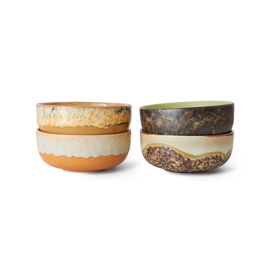 Two stacked pairs of HKLIVING Drift tapas bowls on a plain white background, showing the natural, weathered glaze on each