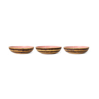 Three ceramic bowls with brown and red patterns on a white background