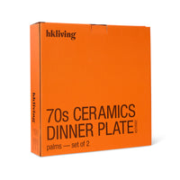 Orange box with 'hkliving' branding and text about a 70s ceramics dinner plate set.