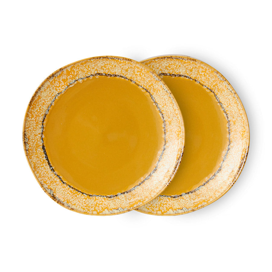 hkliving 70s Ceramics Side Plates 22cm - Paradise (Set of 2), Mustard Yellow