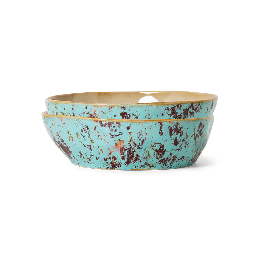 70s Ceramics pasta bowls in Patina by HKLIVING, showing the turquoise speckled exterior and tan interior, photographed against a white background