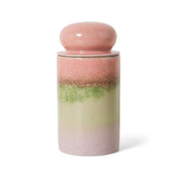70s Ceramics storage jar in Glaze by HKLIVING, with its domed pink lid on, photographed against a white background