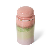 Front view of the 70s Ceramics storage jar in Glaze, showing its pink, sage green and cream ombre glaze