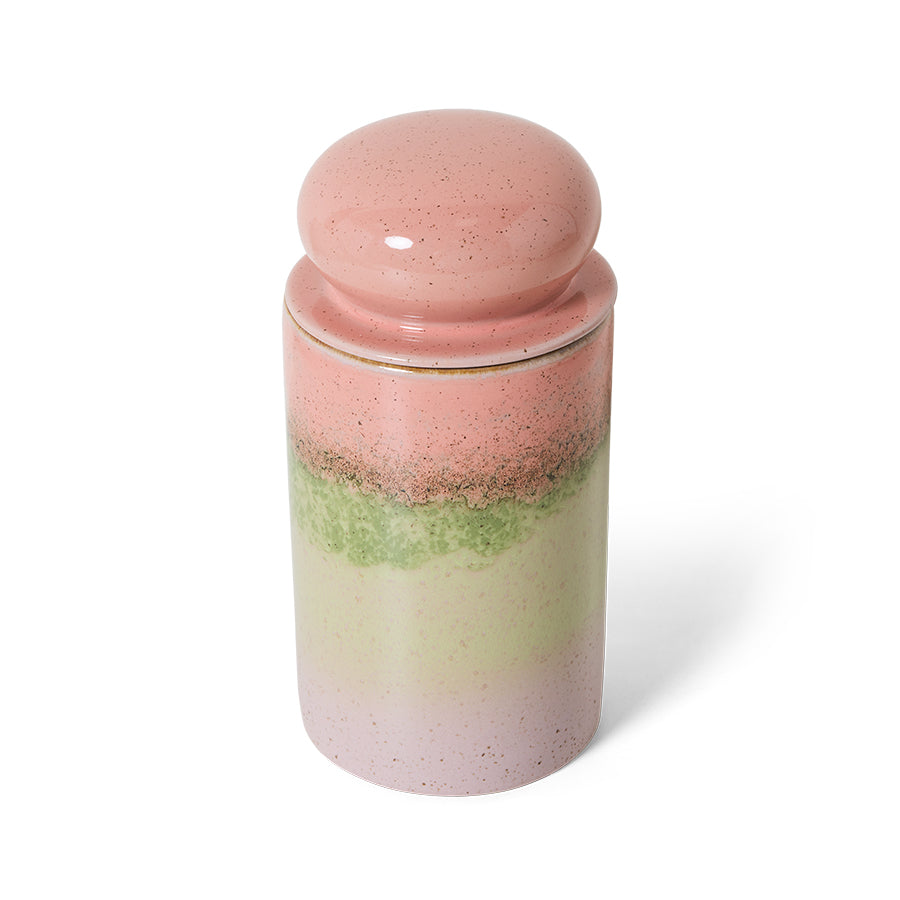Front view of the 70s Ceramics storage jar in Glaze, showing its pink, sage green and cream ombre glaze