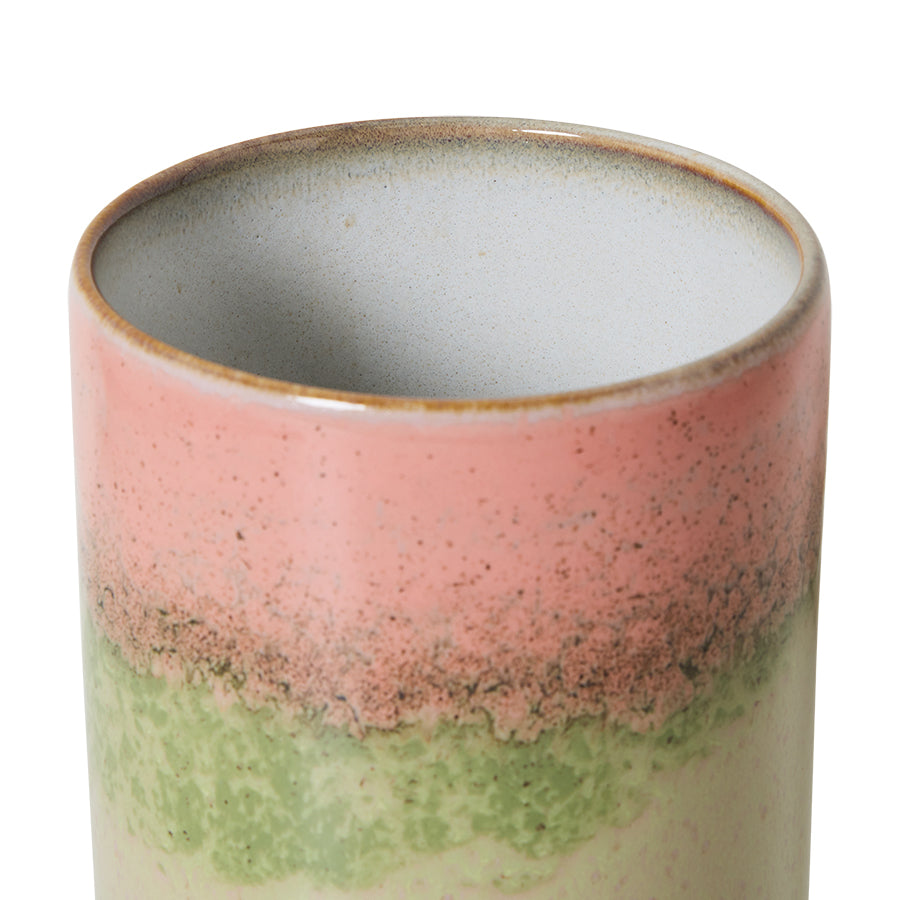 Close-up of the 70s Ceramics storage jar's rim, showing the glazed interior and the transition from pink to green in the glaze