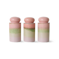 Three 70s Ceramics storage jars in Glaze, shown together to highlight the natural variation in the handmade ombre glaze between pieces