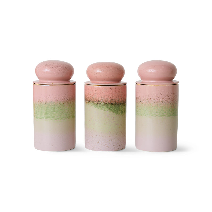 Three 70s Ceramics storage jars in Glaze, shown together to highlight the natural variation in the handmade ombre glaze between pieces