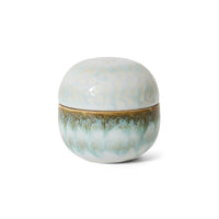 70s Ceramics sugar pot in Petal by HKLIVING, showing its rounded lidded shape and pale sage green and cream mottled glaze, photographed against a white background