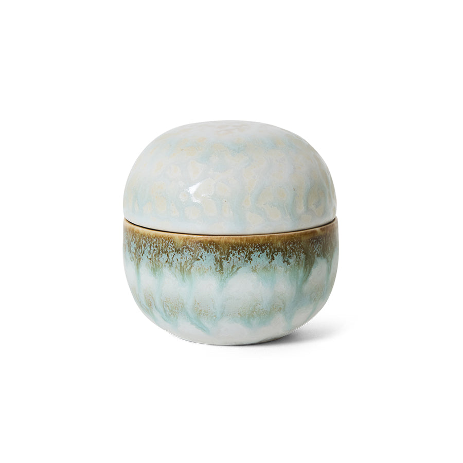 70s Ceramics sugar pot in Petal by HKLIVING, showing its rounded lidded shape and pale sage green and cream mottled glaze, photographed against a white background