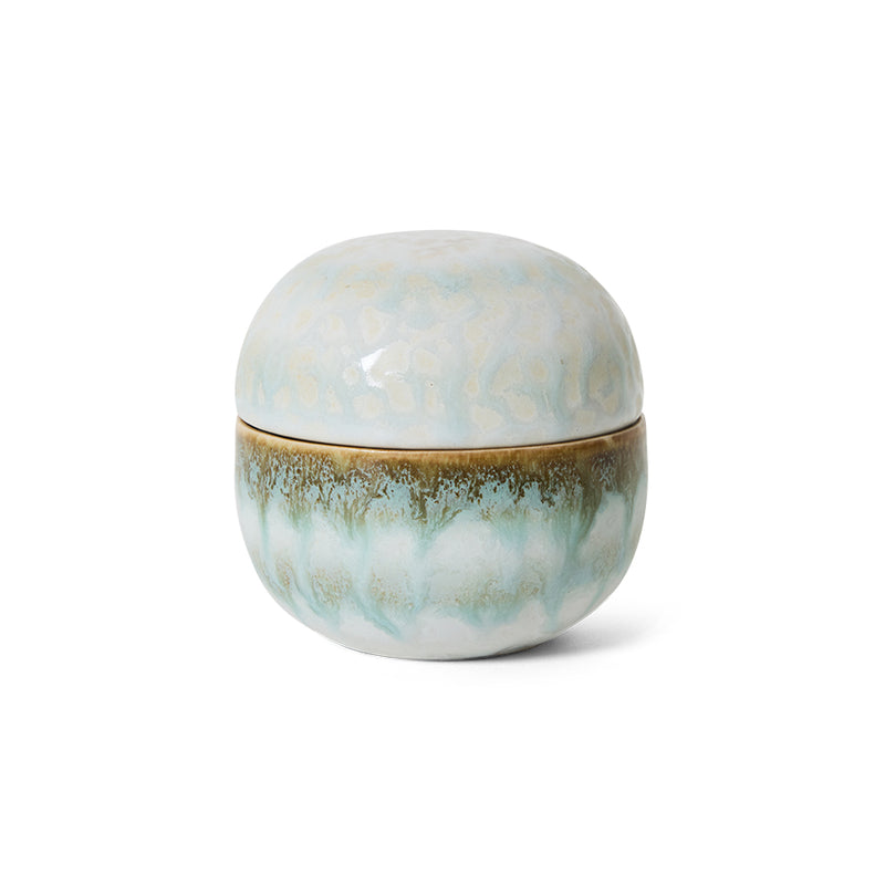 70s Ceramics sugar pot in Petal by HKLIVING, showing its rounded lidded shape and pale sage green and cream mottled glaze, photographed against a white background