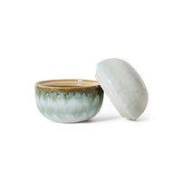 70s Ceramics sugar pot in Petal with its lid removed, showing the pale glazed interior and the olive-brown drip band around the rim