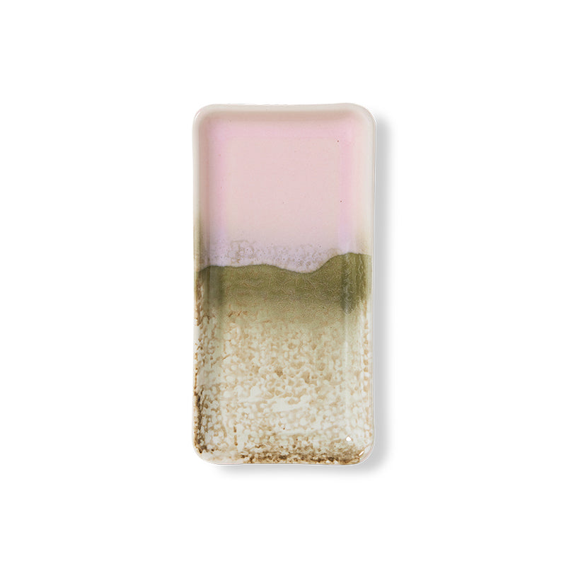 Overhead view of the HKLIVING Muse small tray on a plain white background, showing its pink-to-olive gradient glaze