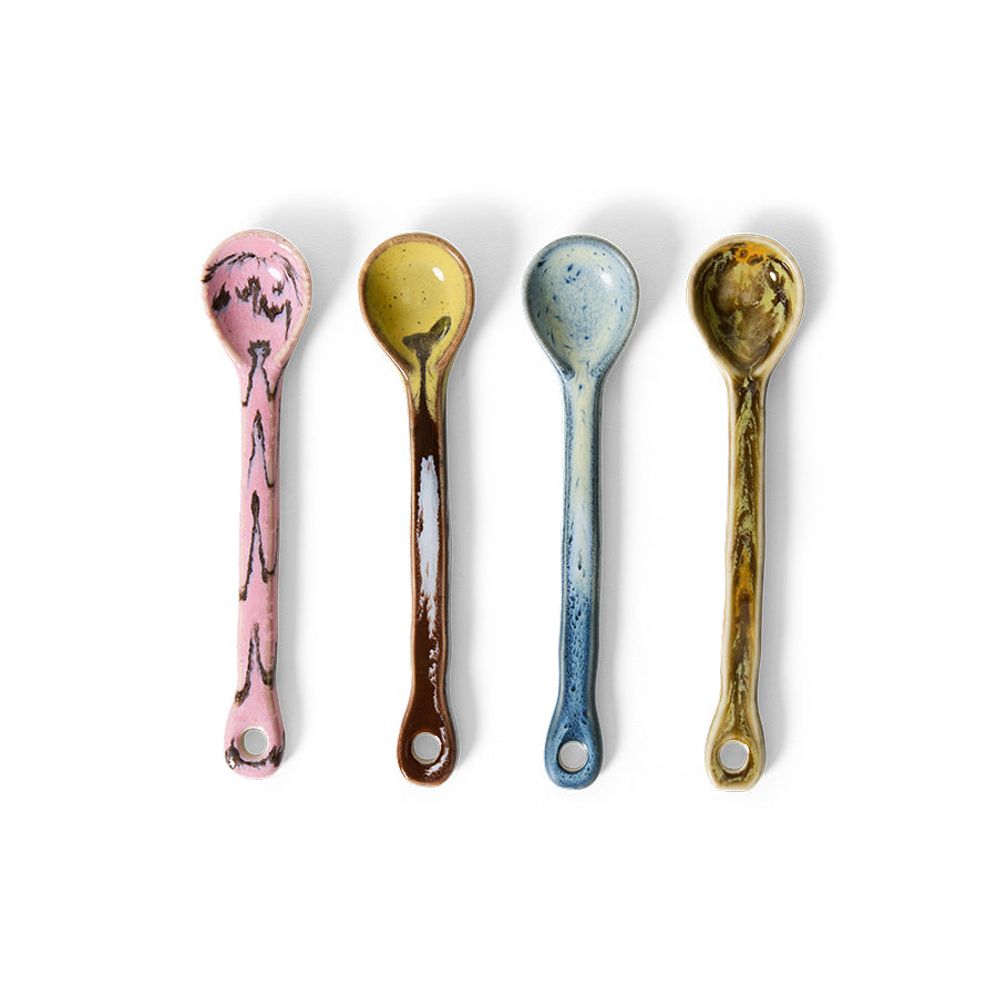 The HKLIVING Sketch spoons, set of 4, laid out in a row on a plain white background, each in a different hand-painted colourway