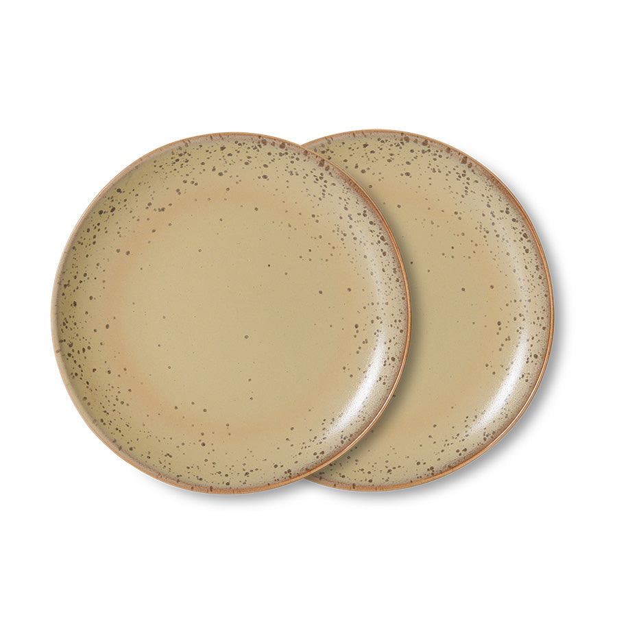 Two HKLIVING 70s Ceramics side plates in sandy beige grit speckled glaze, overlapping product shot on white background