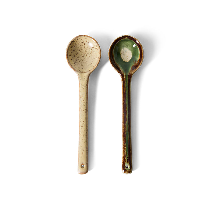 set of two HKLIVING Hills stoneware serving spoons with cream green and brown glazes