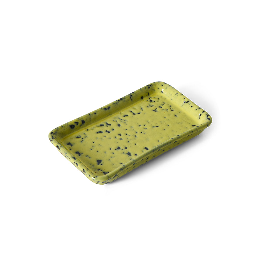 Angled view of HKLIVING 70s Ceramics XS dish in yellow corn speckled glaze on white background
