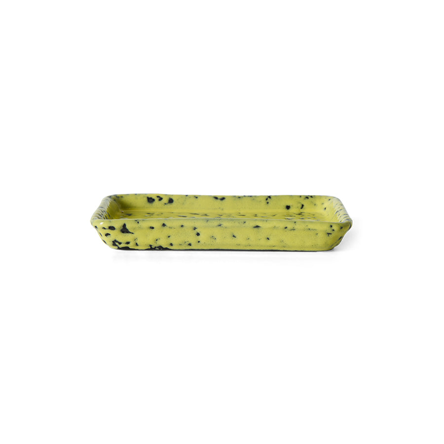 Side view of HKLIVING 70s Ceramics XS dish in yellow corn speckled glaze on white background
