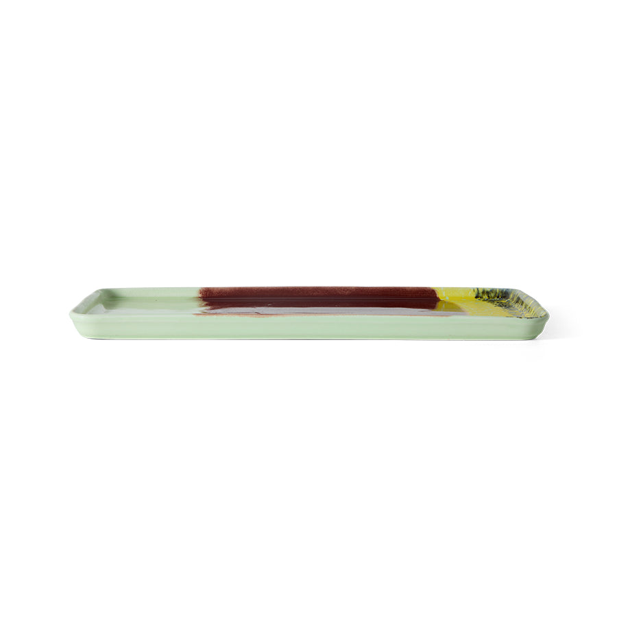 side view of HKLIVING cherry cake tray showing slim rectangular stoneware shape