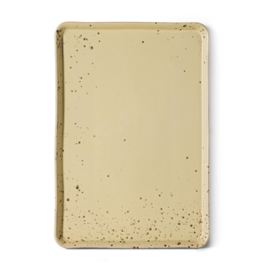 Overhead view of the HKLIVING Grit large tray in yellow stoneware on a plain white background, showing its speckled glaze